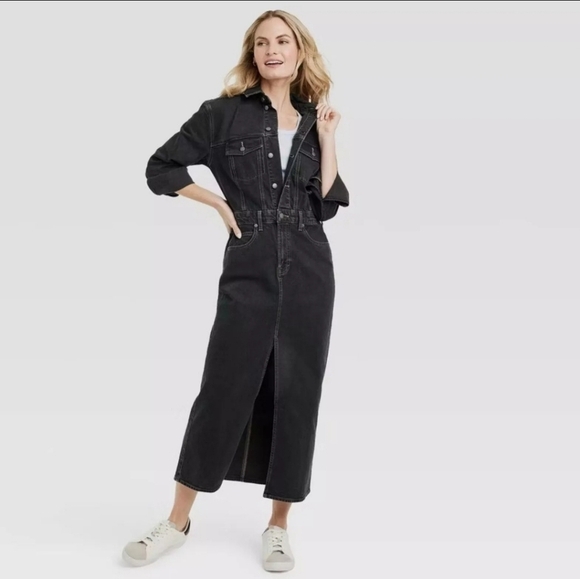 NWT Universal Thread Long Sleeve Black Wash Denim Maxi Dress Women's Size 0 - Picture 1 of 16